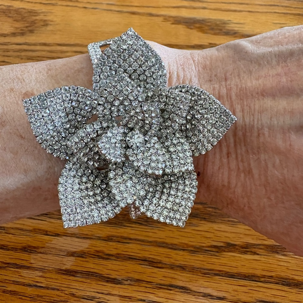Crystal Flower Statement Bracelet - Silver Tone - image 1